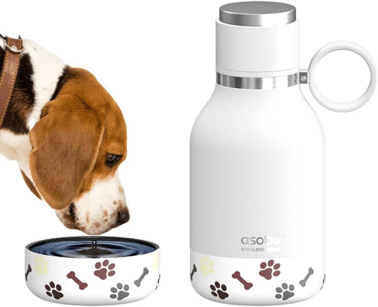 Buddy Bottle a Stainless Steel Insulated Water Bottle for with Removable Dog Water Bowl and Dog Food and Treat Storage Bowl (White, 37 Oz Water Bottle with Bowl)