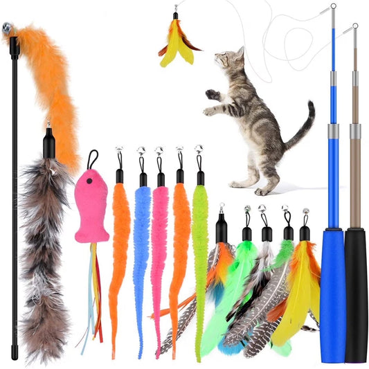 Interactive Cat Wand Toy Set - 13PCS Replacement Teasers with Bells & 2PCS Retractable Wands for Endless Fun with Your Kitty!